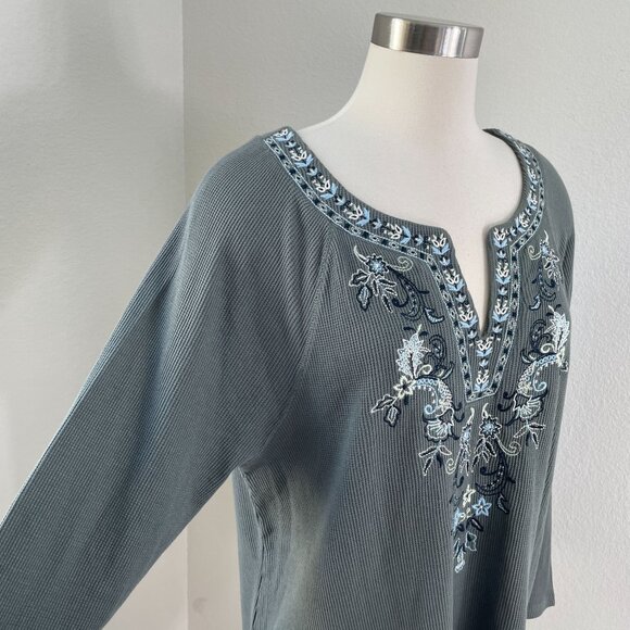 J Jill Womens XL Petite Embroidered Waffle Knit Raglan Top in Coriander Green - Picture 3 of 10